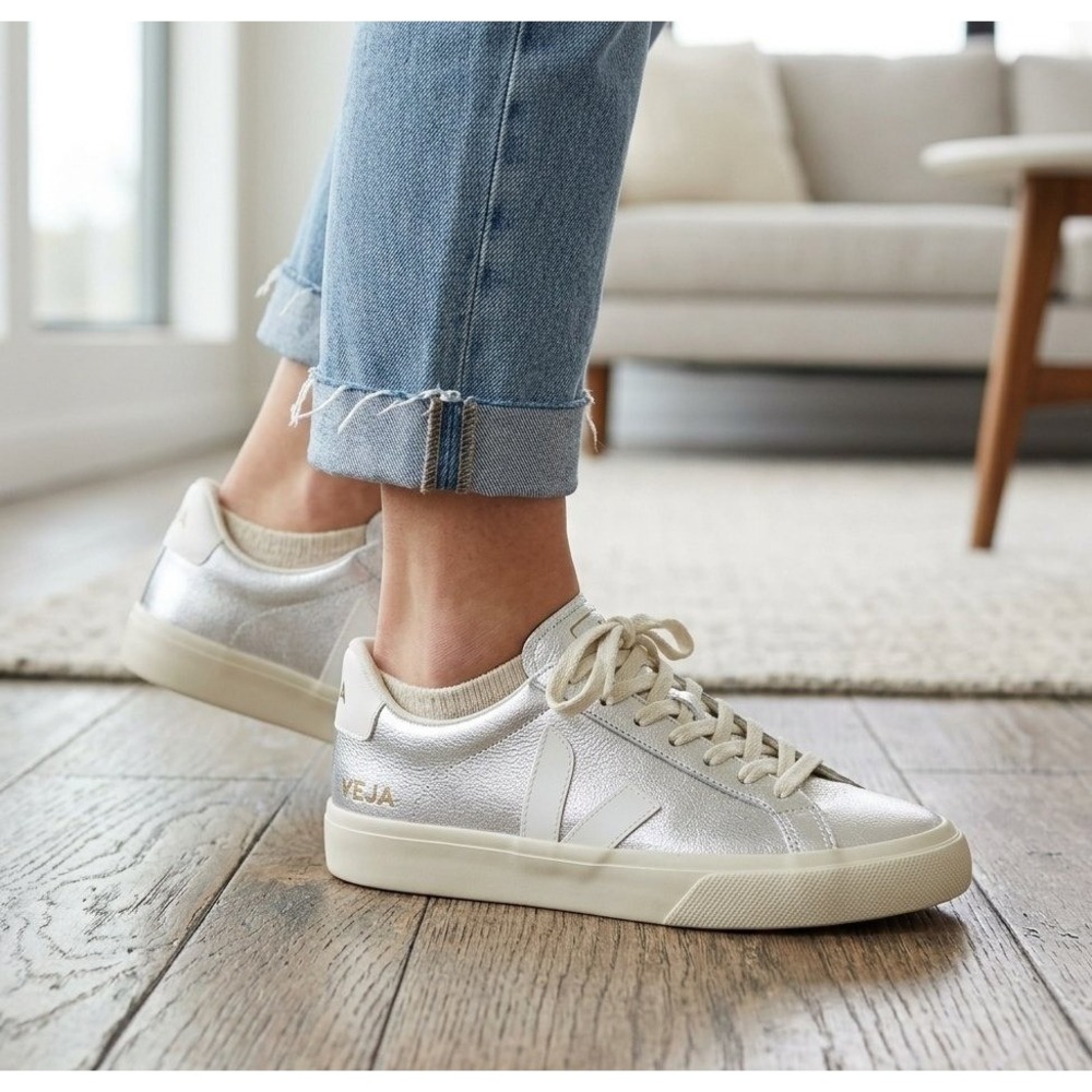 Veja Campo Sneakers Womens 7 Silver Metallic Leather Low Top Shoes